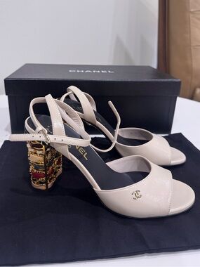 CHANEL beige calf skin block heal with unique colorful leather detail